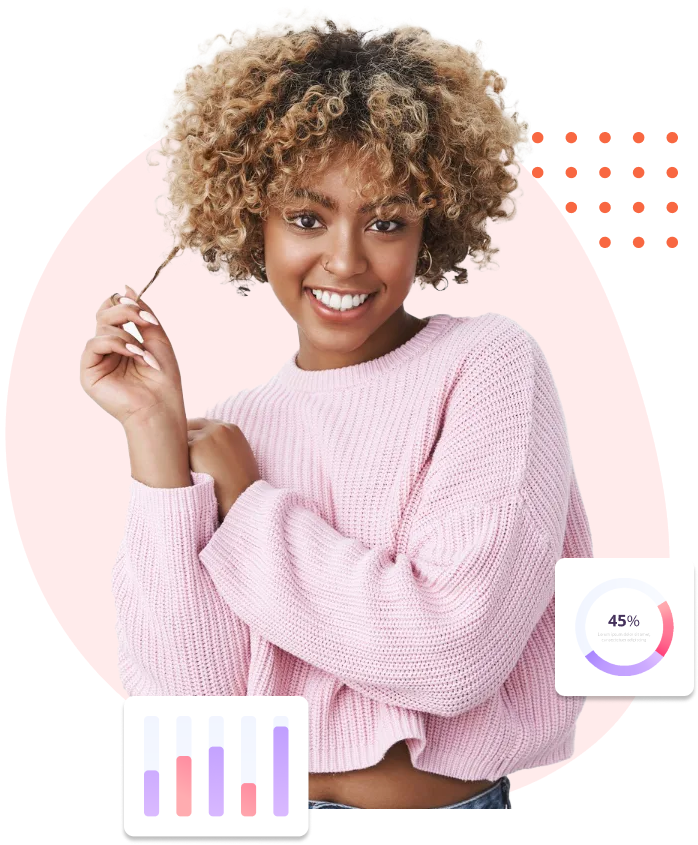 a woman smiling with curly hair